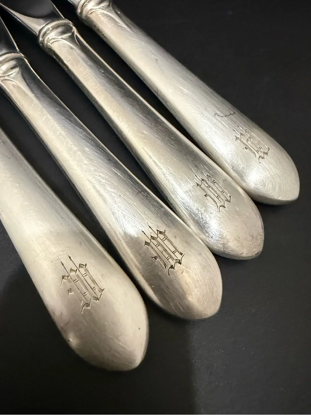4 Vintage GORHAM Sterling Gothic Monogram W or M Hollow Handle Butter Spreader